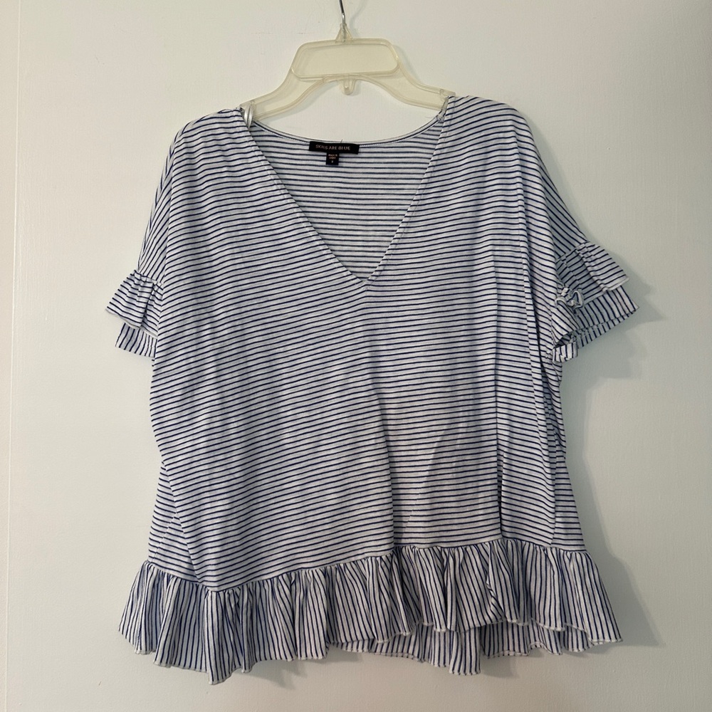 Skies Are Blue Navy and White V-Neck Top